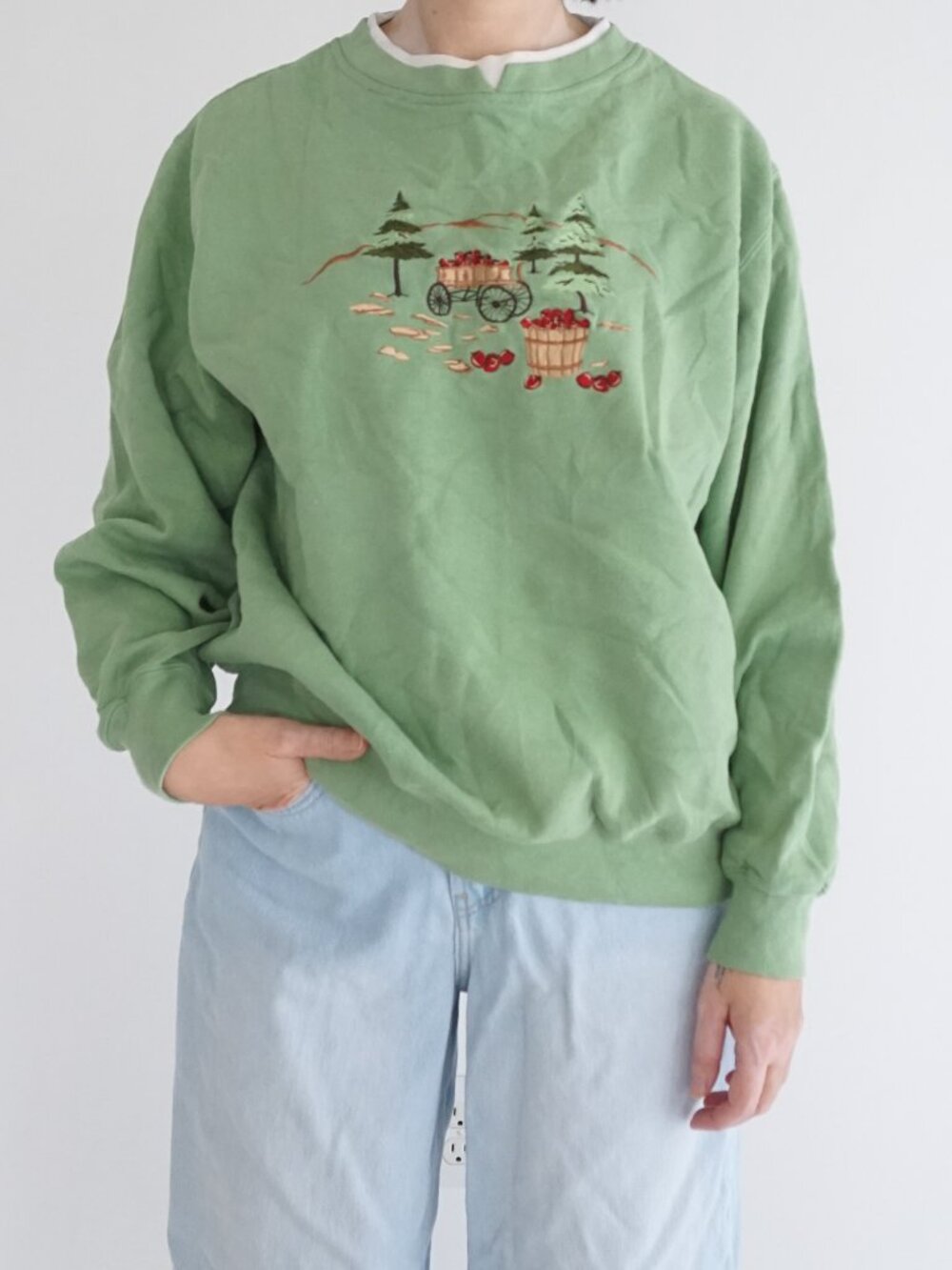 Vintage Shenanigans Sage Green Apple Basket Scenic Embroidered Sweatshirt L